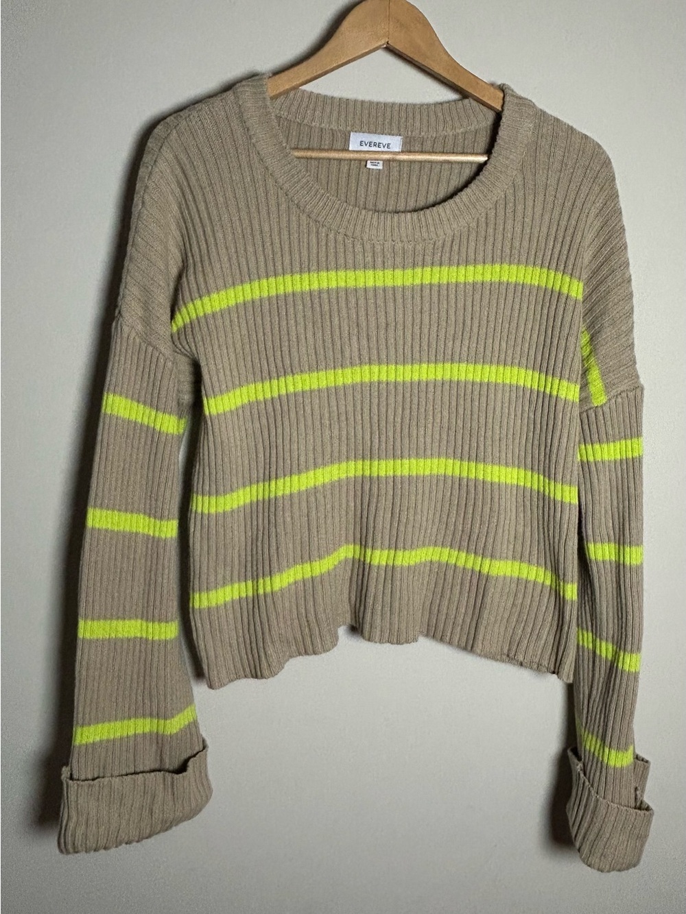 Evereve Taupe Crewneck Sweater with Neon Yellow Stripes